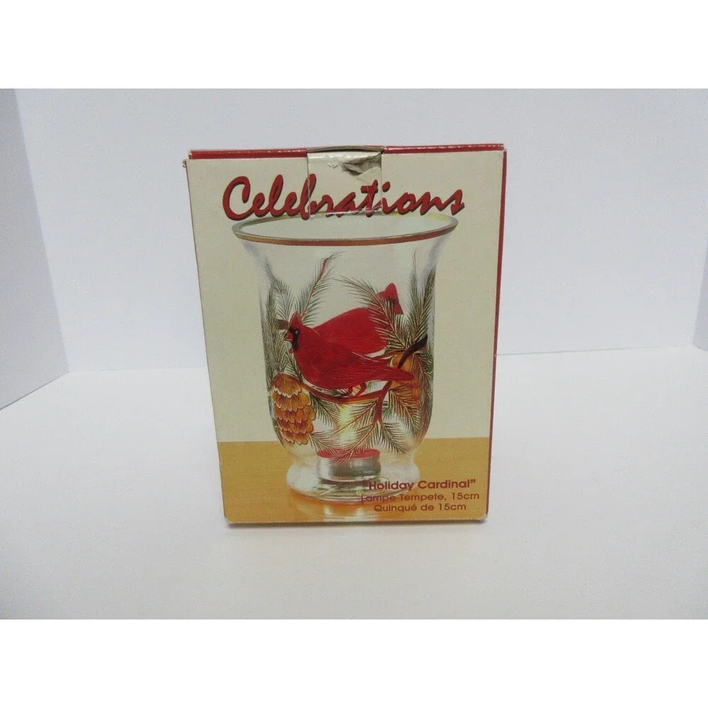 Celebrations Holiday Cardinal 6” Hurricane Tealight Candle Holder W/Box
